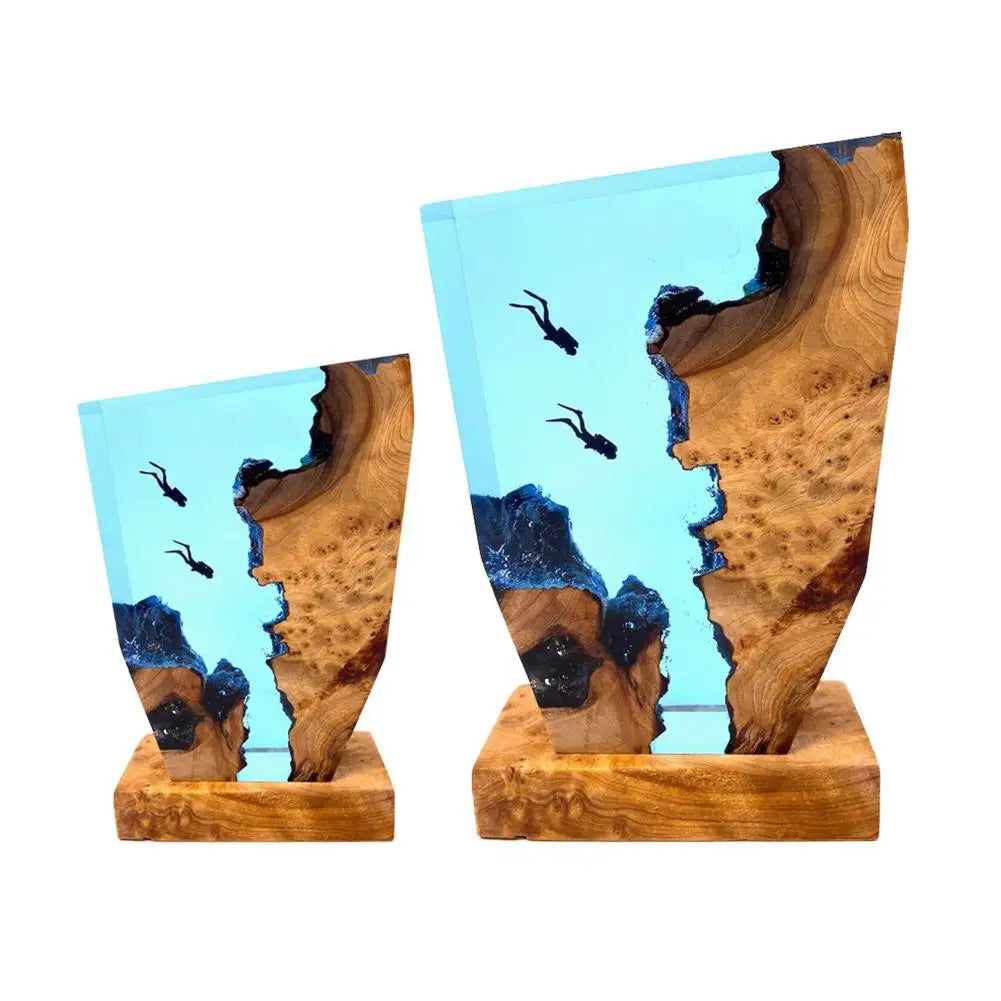 Coastal Theme Wood Table Lamp with Underwater Decor