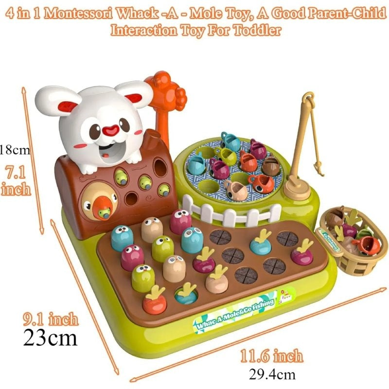 4-in-1 Montessori Baby Activity Toy With Fishing, Whac-A-Mole, Pull Carrot, Feeding For Ages 1+