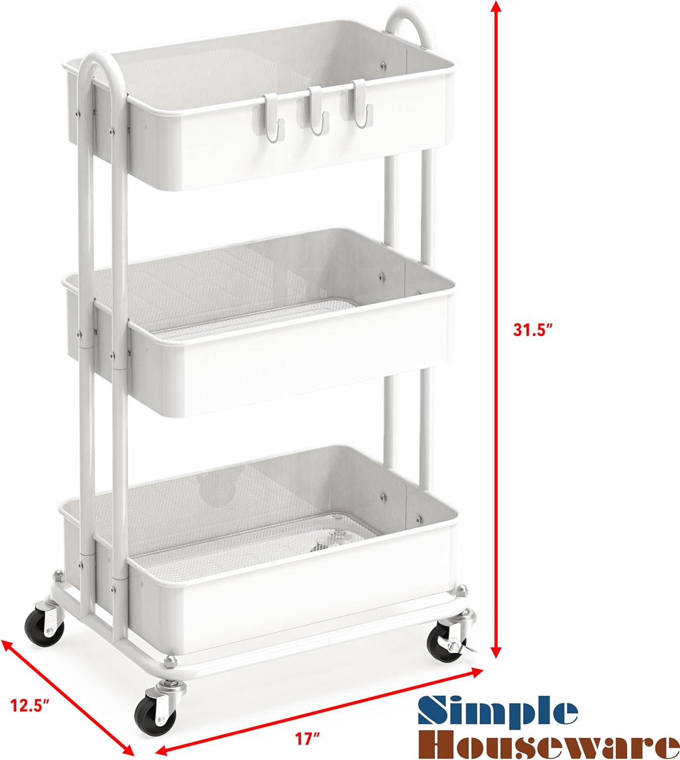 Sturdy 3-Shelf Industrial Metal Rolling Storage Cart