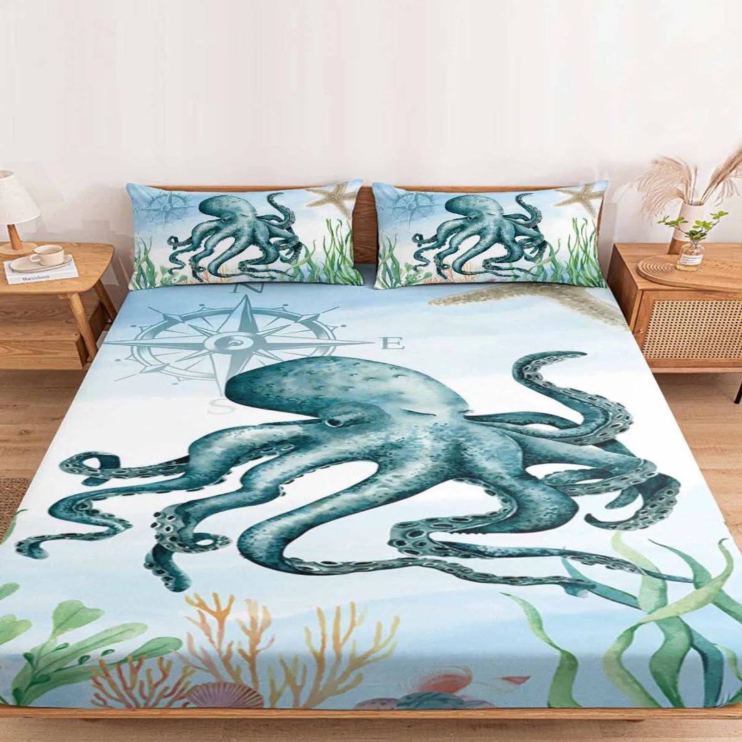 Soft Floral Octopus Pattern 3pc Bedding Set - Pexav