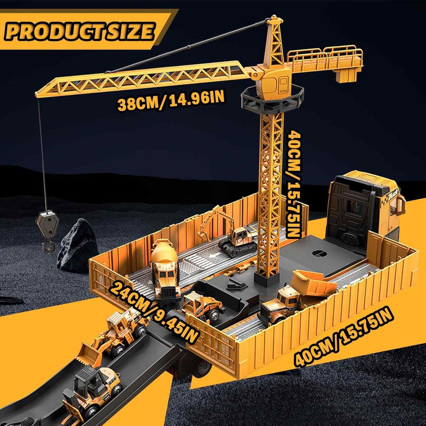 Construction Truck Set with Cargo Truck with Bulldozer, Tractor, Forklift, Mixer, Excavator, Crane and Dumper