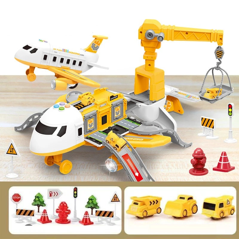 DIY Large Airplane Track Toy with Interactive Sound, Lights, Slide & 360° Crane, Safe for Kids 3+