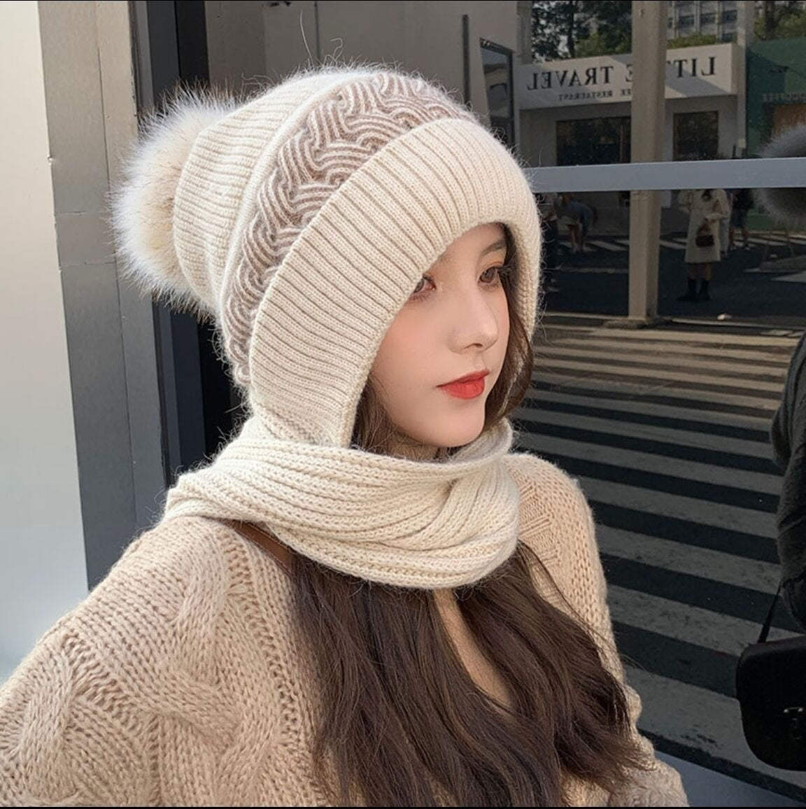 Warm Reversible Wool Scarf Hat Set