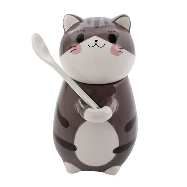 Funny Cat Stoneware Coffee Mug with Spoon