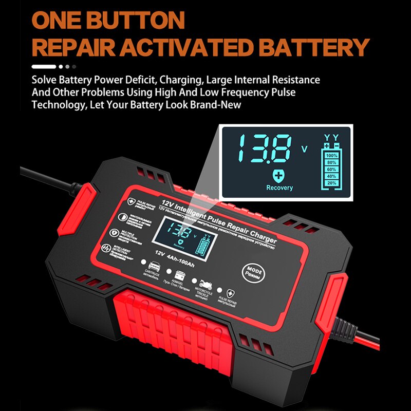 Compact 12V 6A Auto Battery Charger with LCD Screen