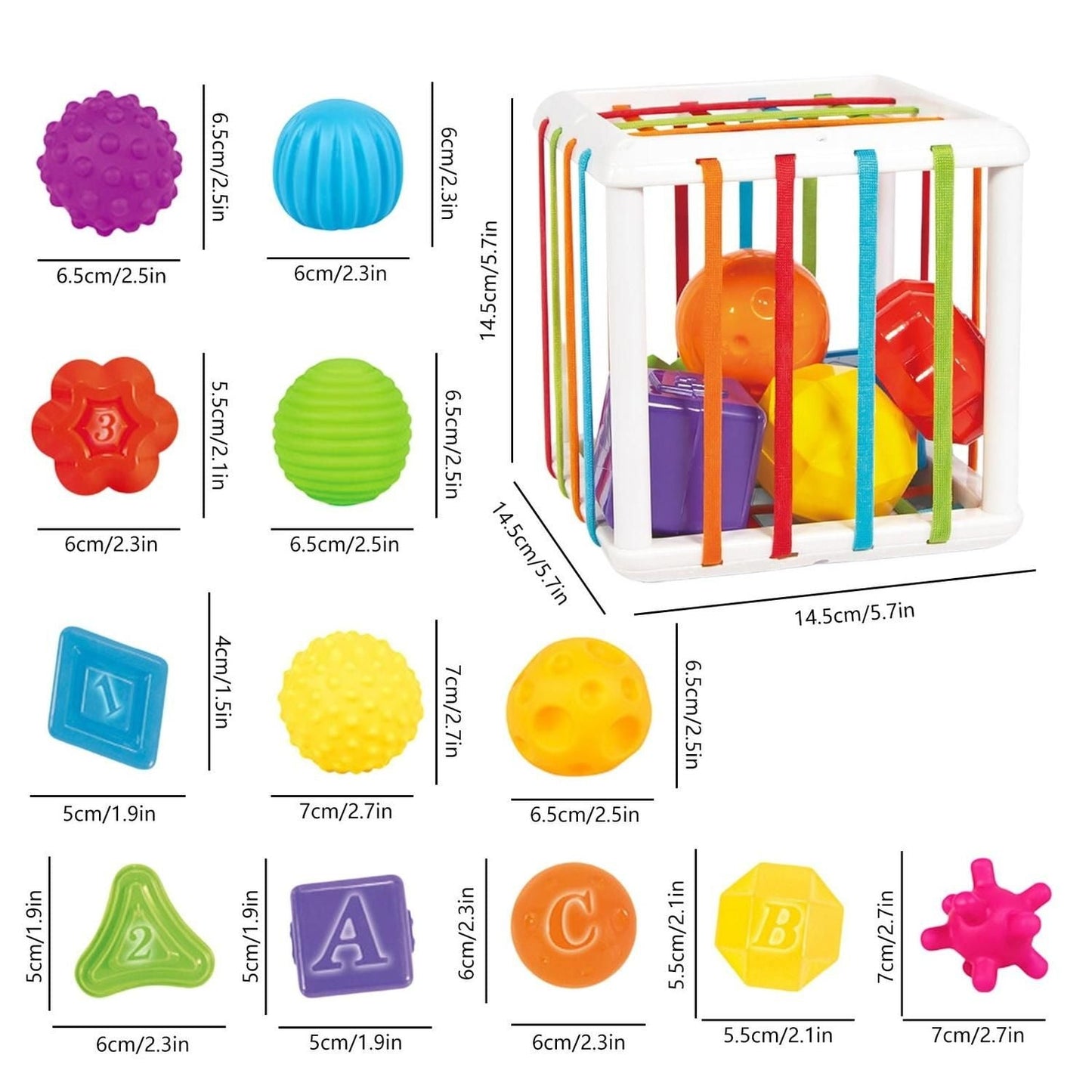 Montessori Sensory Toy with Soft Rubber Blocks, Shape & Letter Recognition, Safe for Babies 1 Month+