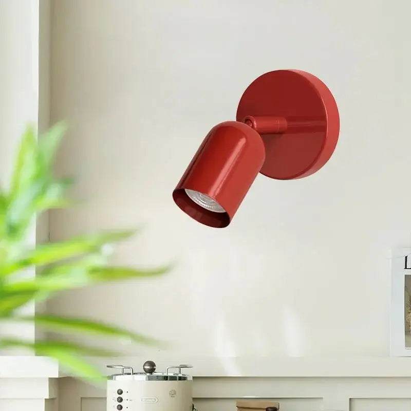 Red wall lamp on a white wall with a plant in the foreground