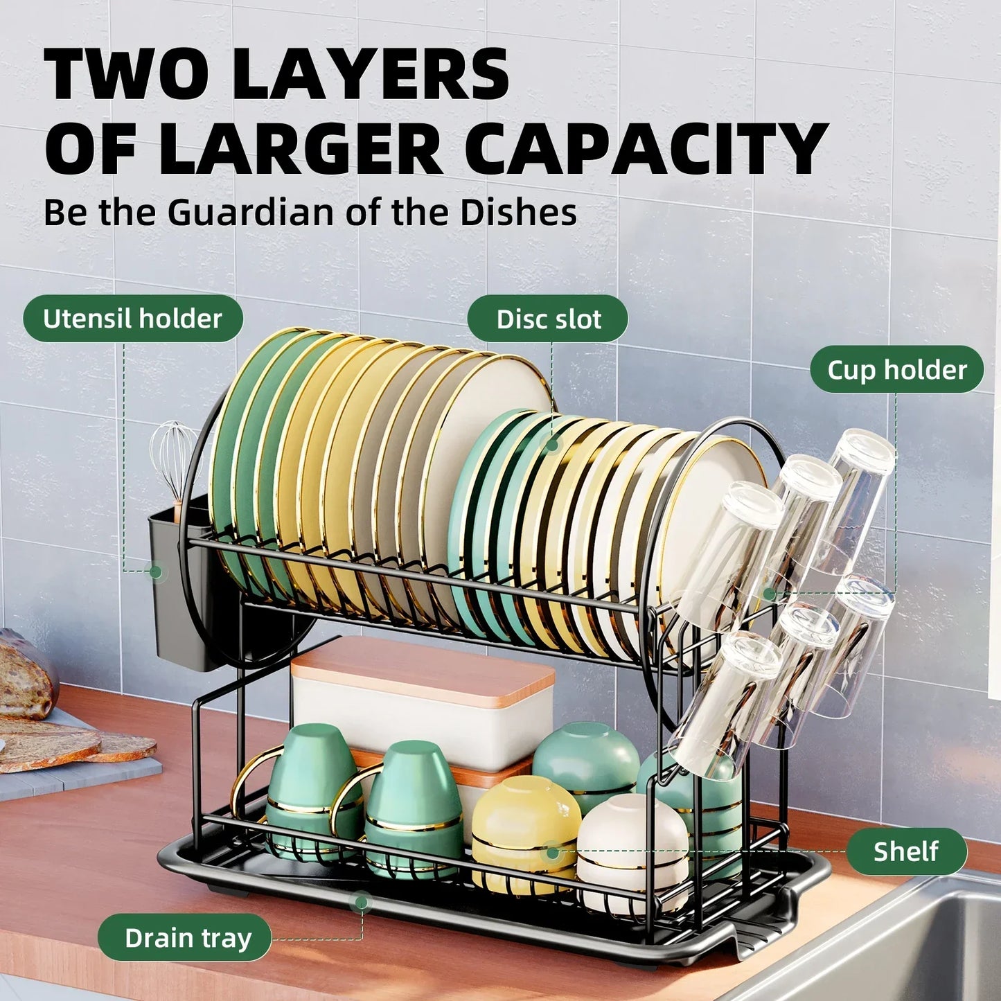 Compact 2-Tier Kitchen Dish Rack with Tray