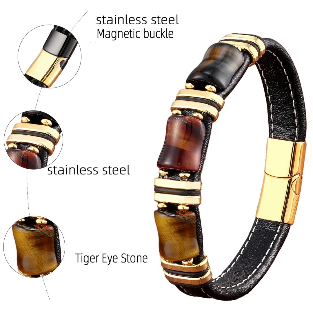 Brown Genuine Leather Gemstone Bracelet