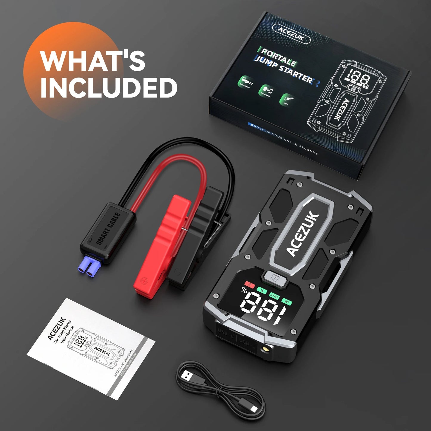 Compact Auto Battery Booster with USB Charger - 3000A