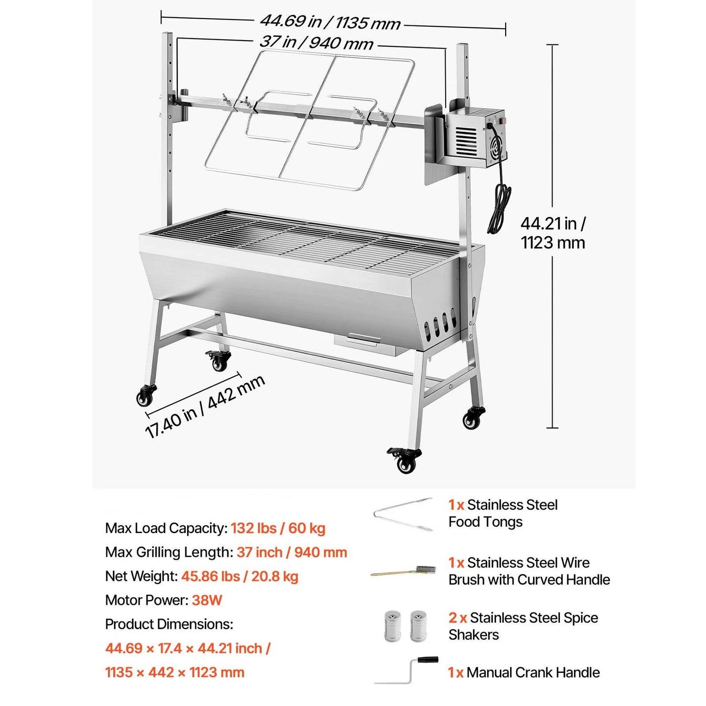 Large Outdoor BBQ Rotisserie Grill Kit 52 Stainless Steel