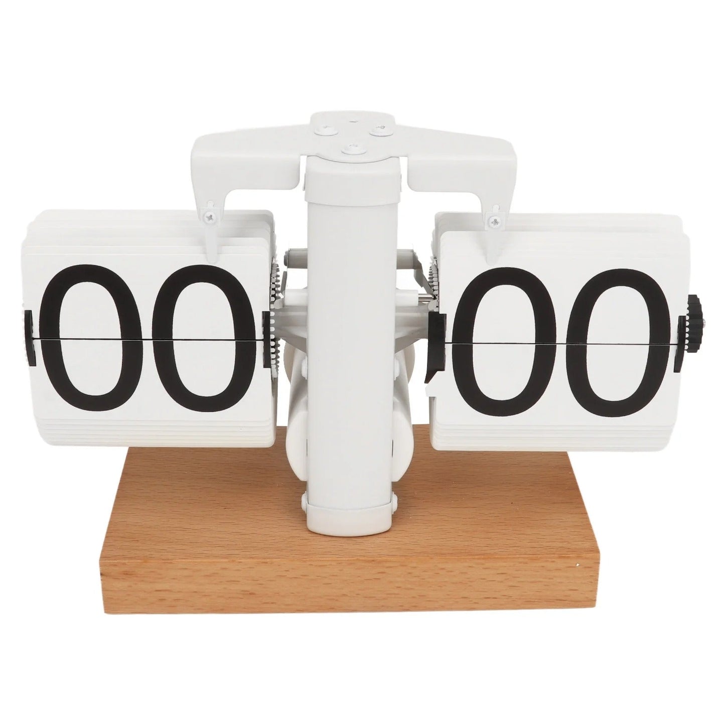 Flip clock with wooden base on a white background
