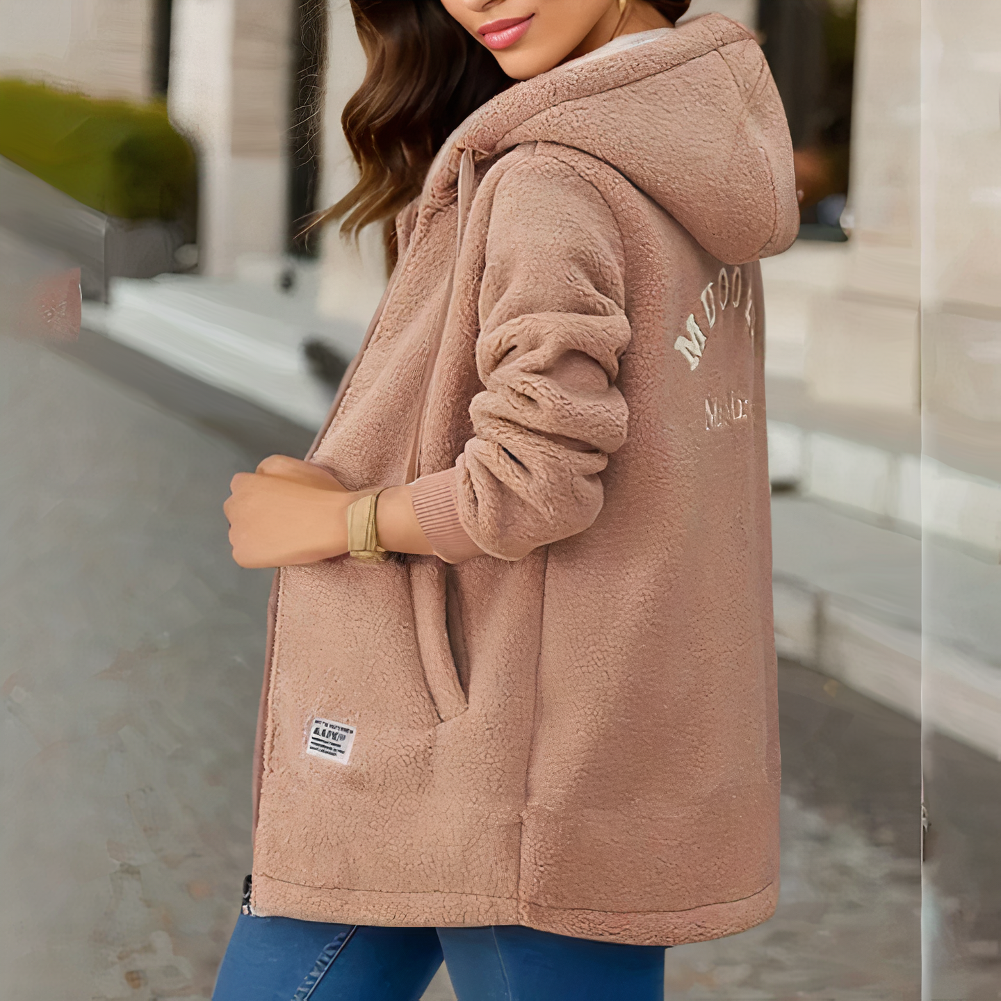 Ladies Fleece Jacket with Hood - Luna-Khaki-M-Nora Luxe