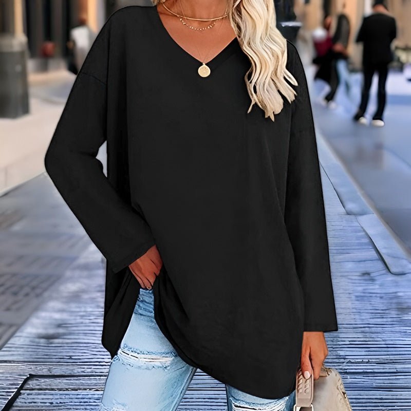 Long Sleeve Women's Sweater with V-Neck - Lucinda-Black-S-Nora Luxe