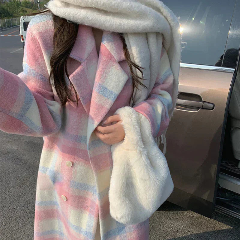 Pastel-Colored Checked Wool Mix Coat with Double-Breasted Buttons - Sofie-XS-Nora Luxe