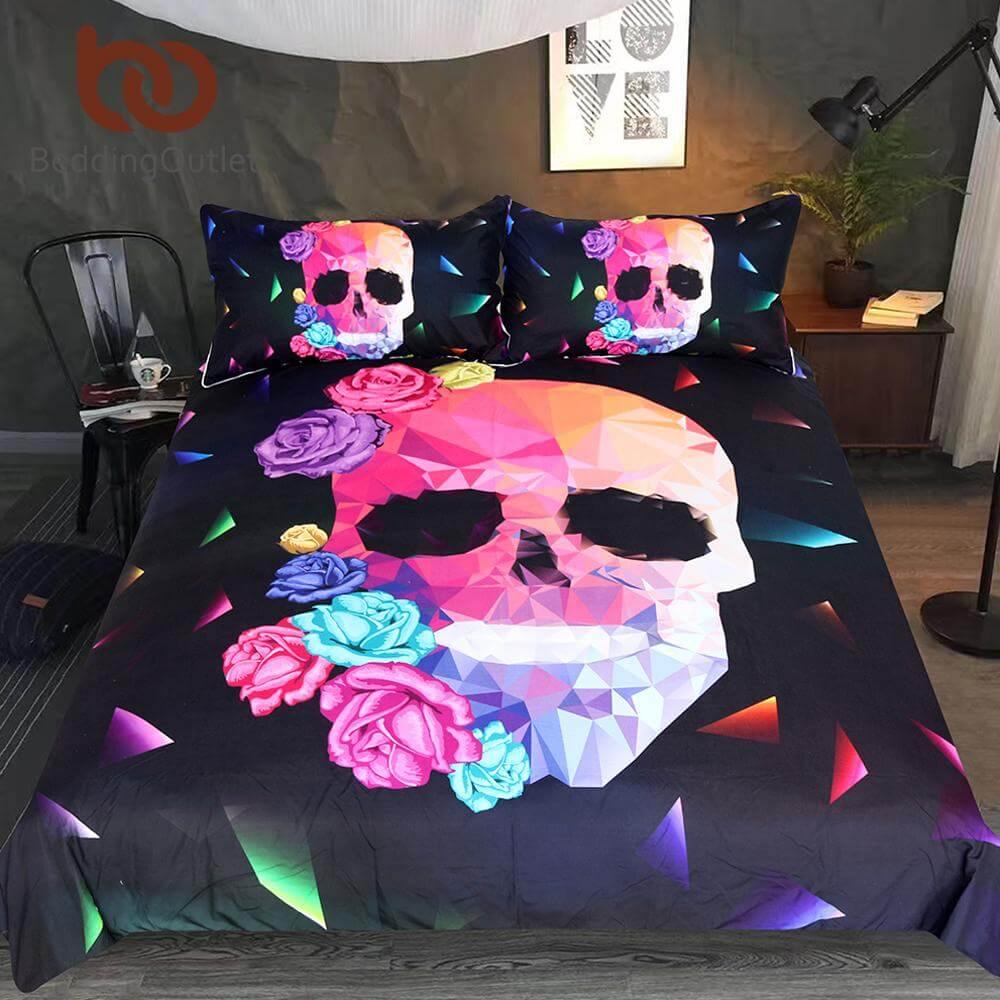 Dark Floral Skull Soft Bedding Set - Pexav