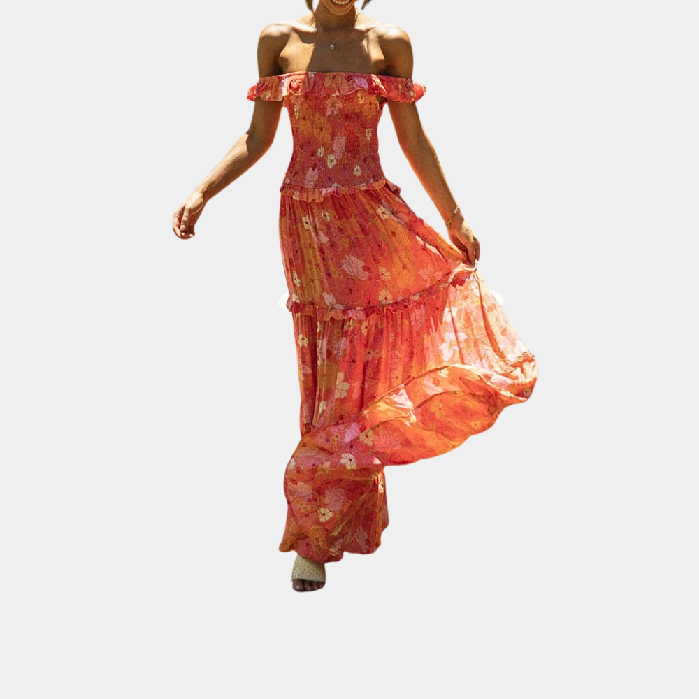 Trendy Orange Floral Print Dress - Elara-S-Nora Luxe