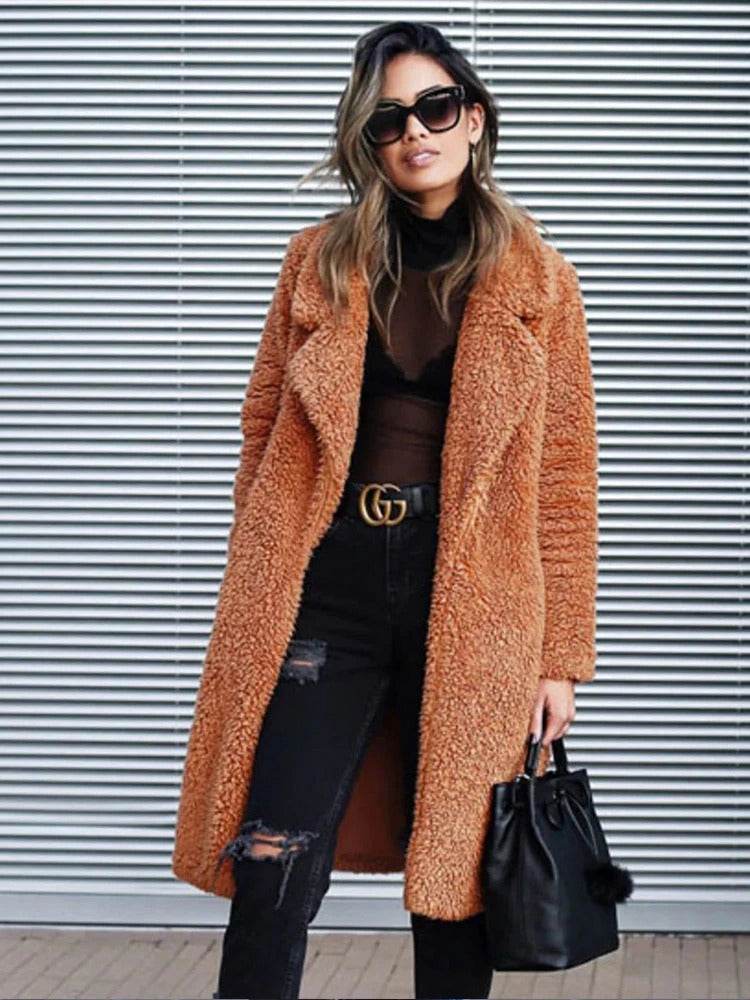 Trendy Warm Long Teddy Coat for Women - Isla-Apricot-S-Nora Luxe