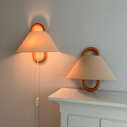 Rustic Wooden Half Circle 1 Light Fabric Shade Lamp - Pexav