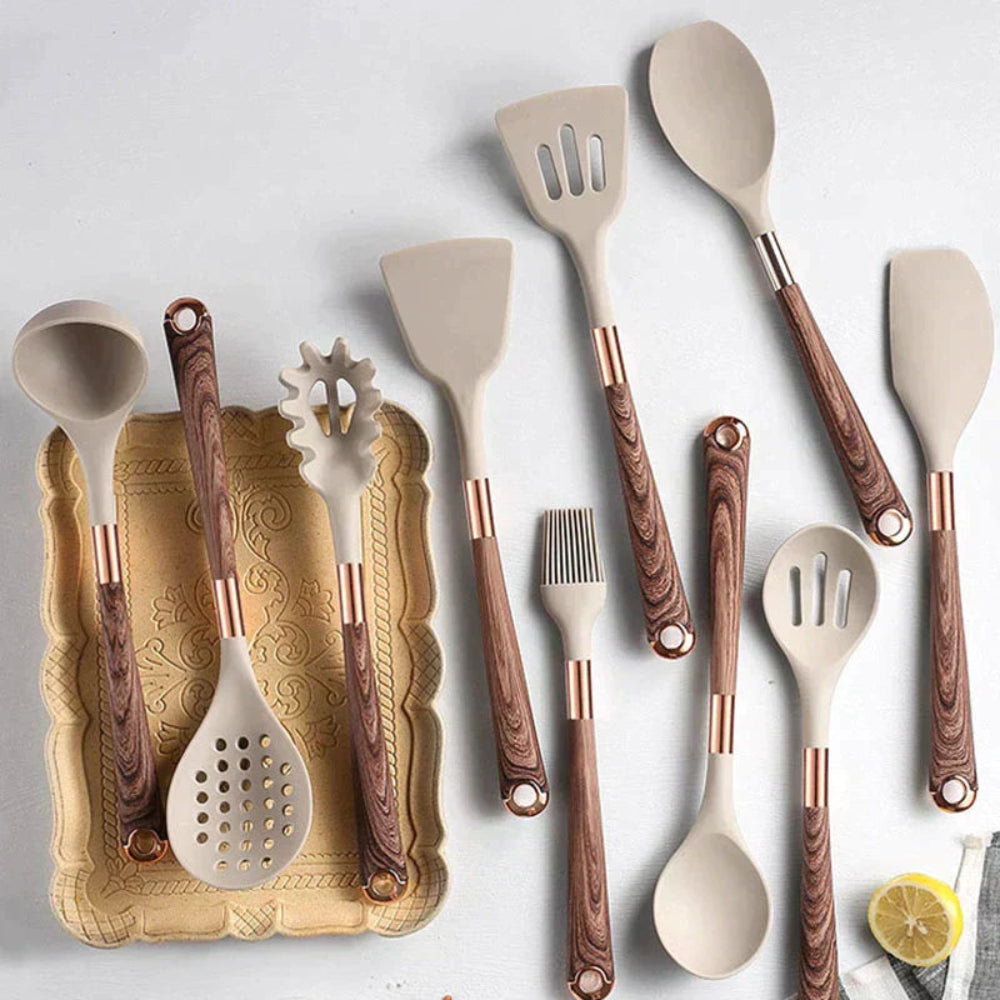 10-Piece Silicone Kitchen Utensil Set with Non-Slip Wooden Handles – Heat Resistant Spatula, Ladle, Whisk, and More 1