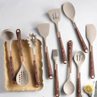 10-Piece Silicone Kitchen Utensil Set with Non-Slip Wooden Handles – Heat Resistant Spatula, Ladle, Whisk, and More 1