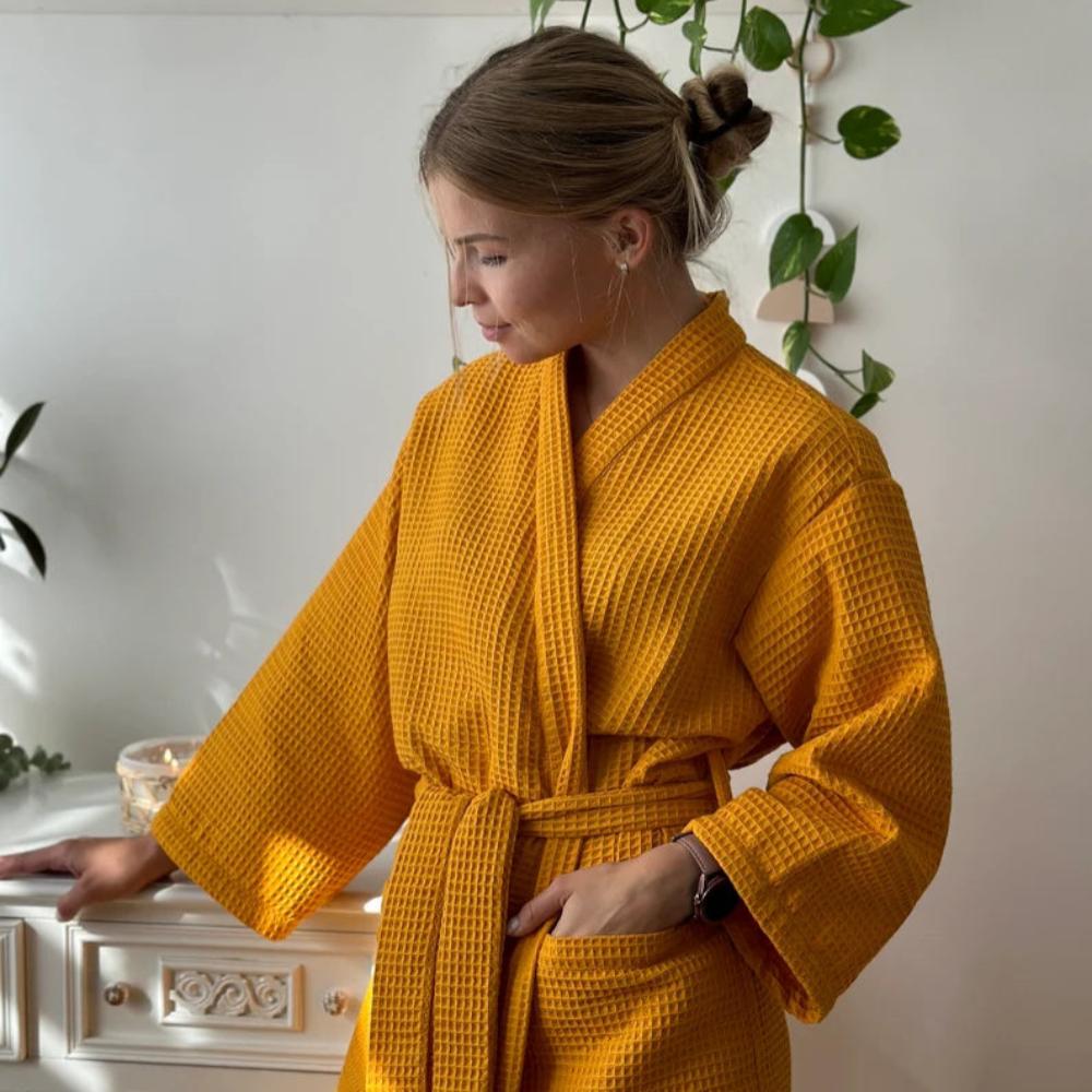 Soft Cotton Waffle Spa Robe with Classic V Neck - Pexav