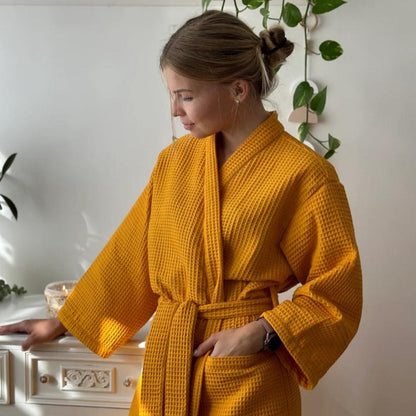 Soft Cotton Waffle Spa Robe with Classic V Neck - Pexav