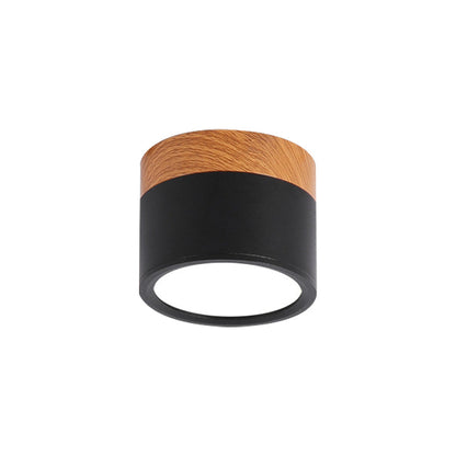 Ceiling light fixture with black and wood finish on a white background