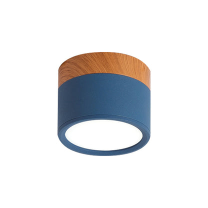 Ceiling light fixture with wooden top and blue base on a white background