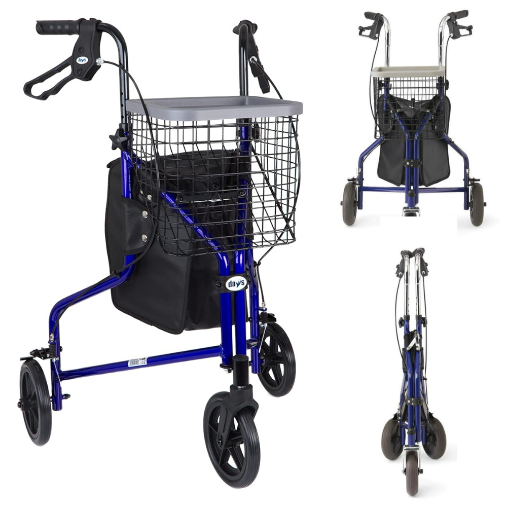 Compact 3 Wheel Folding Walker with Storage Basket - Pexav