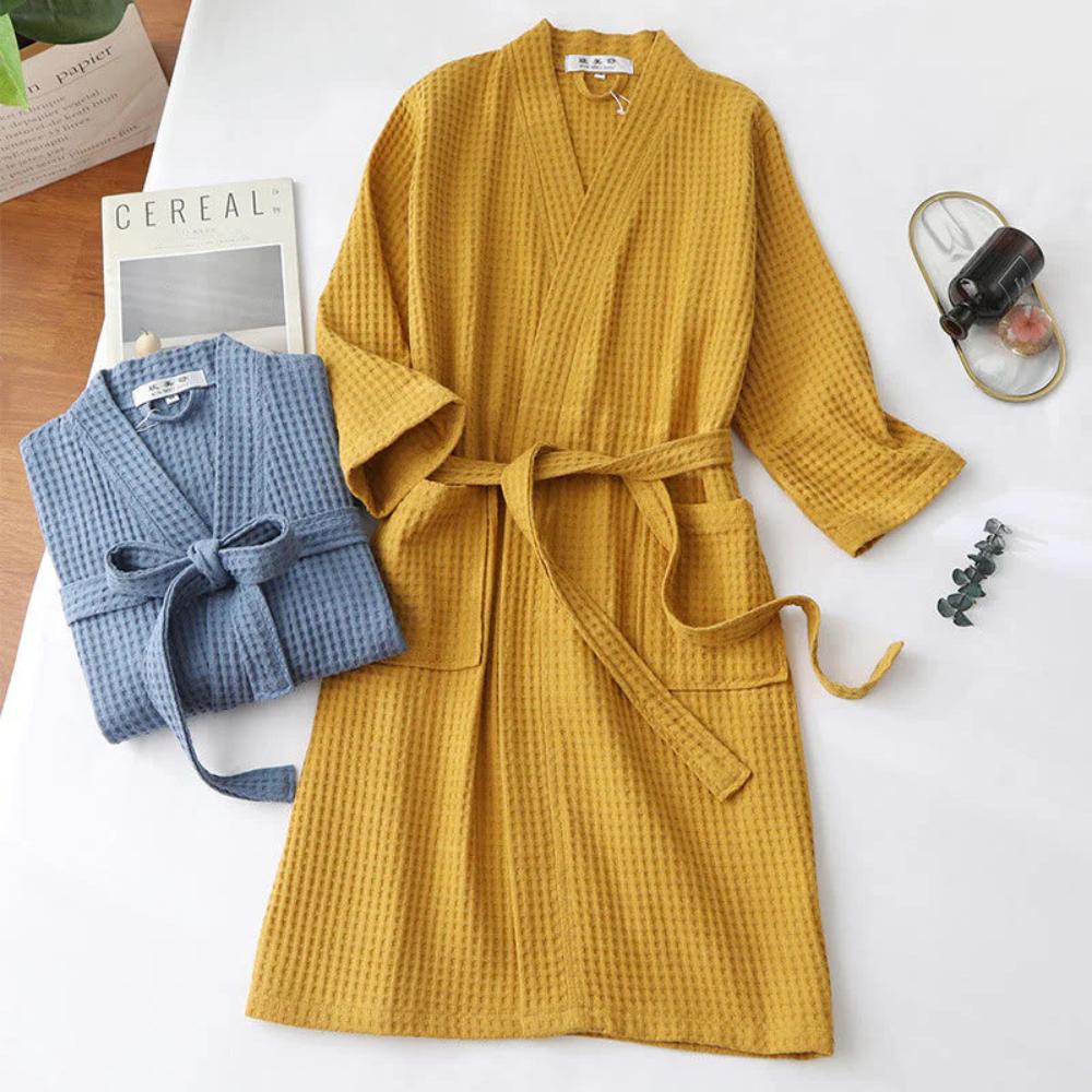 Soft Cotton Waffle Spa Robe with Classic V Neck