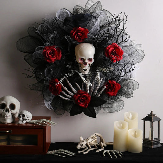 Spooky Red Flower Skull Wreath for Front Door - Pexav