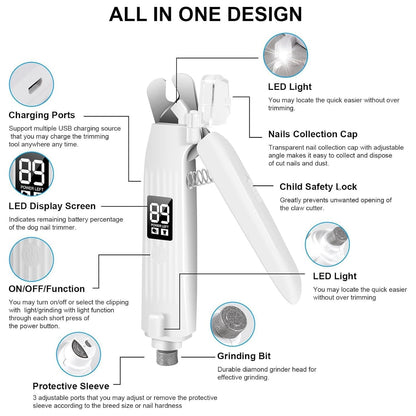 2-in-1 Electric Dog Nail Grinder & Clipper with LED Lights, Low Noise & Low Vibration