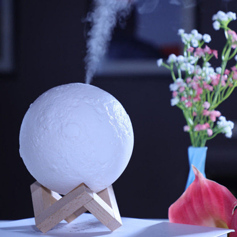 Moon-shaped lamp on a stand with flowers in the background