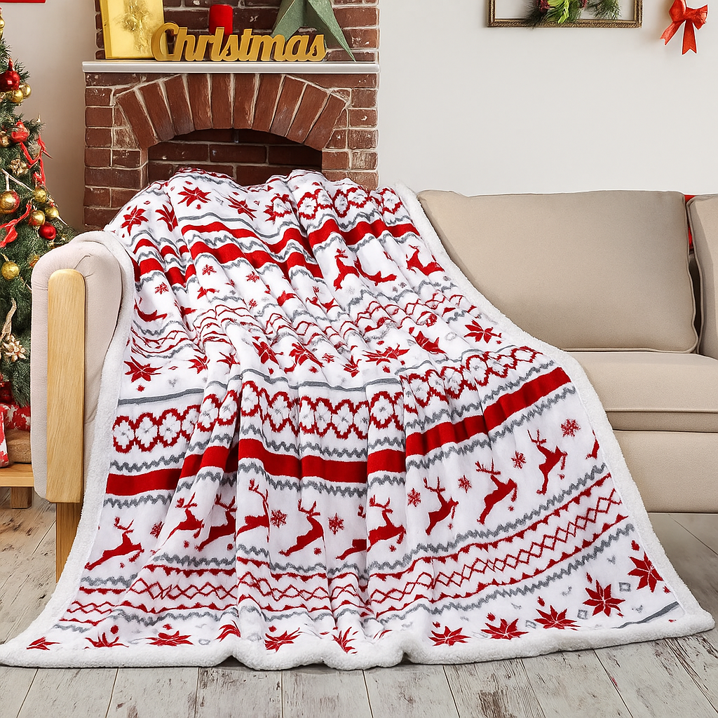 Warm Winter Fleece Blanket - Plush Reindeer Snowflake Throw - Pexav