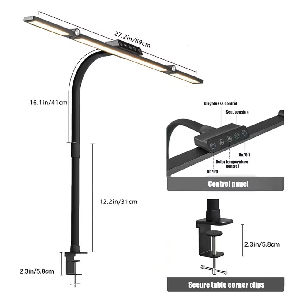 24W Triple-Head LED Desk Lamp with Clamp, Auto-Dimming, and 360° Flexible Gooseneck Design for Office and Home