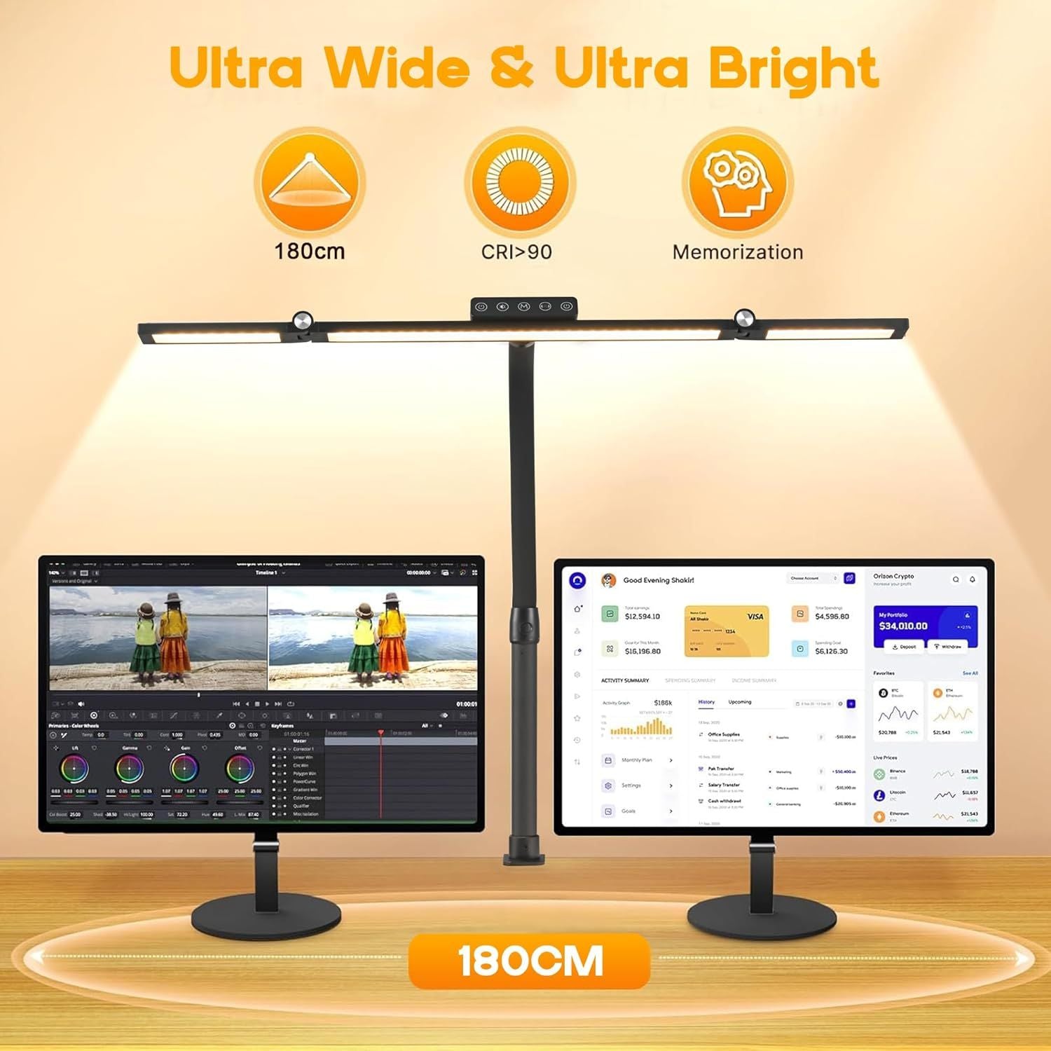 24W Triple-Head LED Desk Lamp with Clamp, Auto-Dimming, and 360° Flexible Gooseneck Design for Office and Home