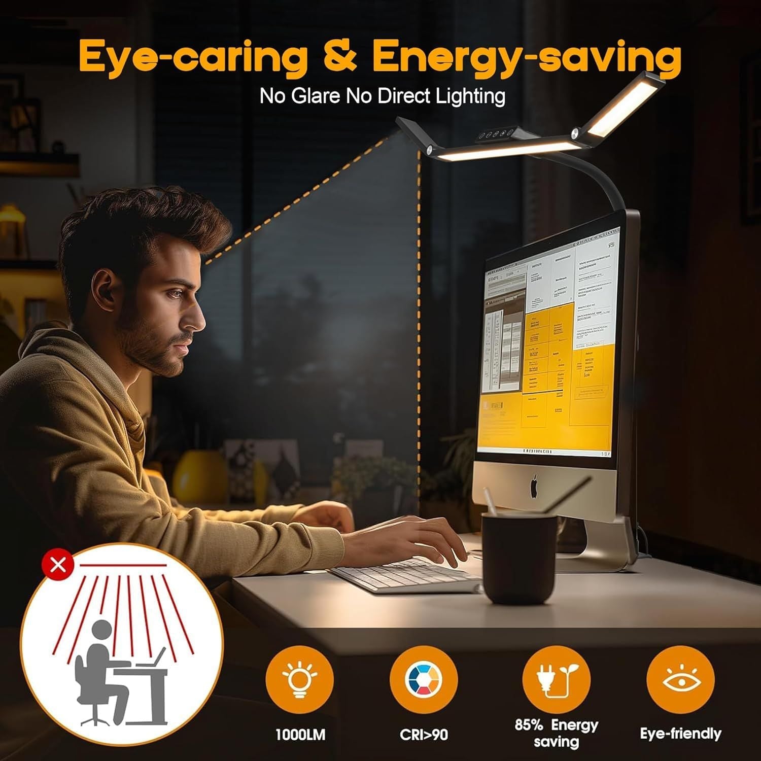 24W Triple-Head LED Desk Lamp with Clamp, Auto-Dimming, and 360° Flexible Gooseneck Design for Office and Home
