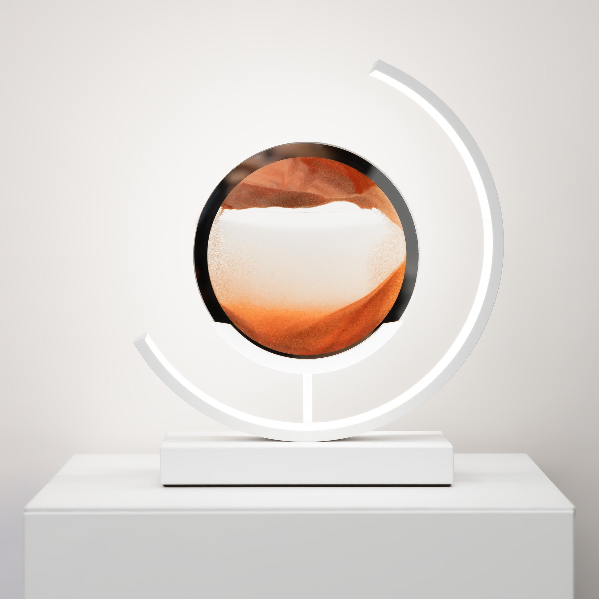 Decorative object with a circular design featuring a wooden texture on a white platform against a light gray background