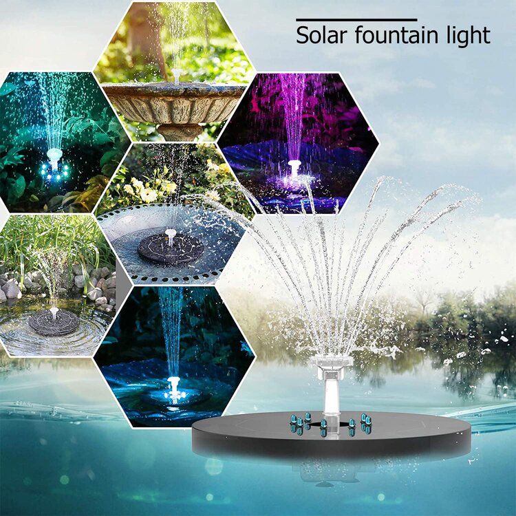Solar Powered Fountain Pump with LED Lights and 6 Styles