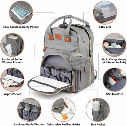 3-in-1 Diaper Bag Backpack with Foldable Baby Bed & USB Charging Port – Waterproof Travel Bag with Changing Station