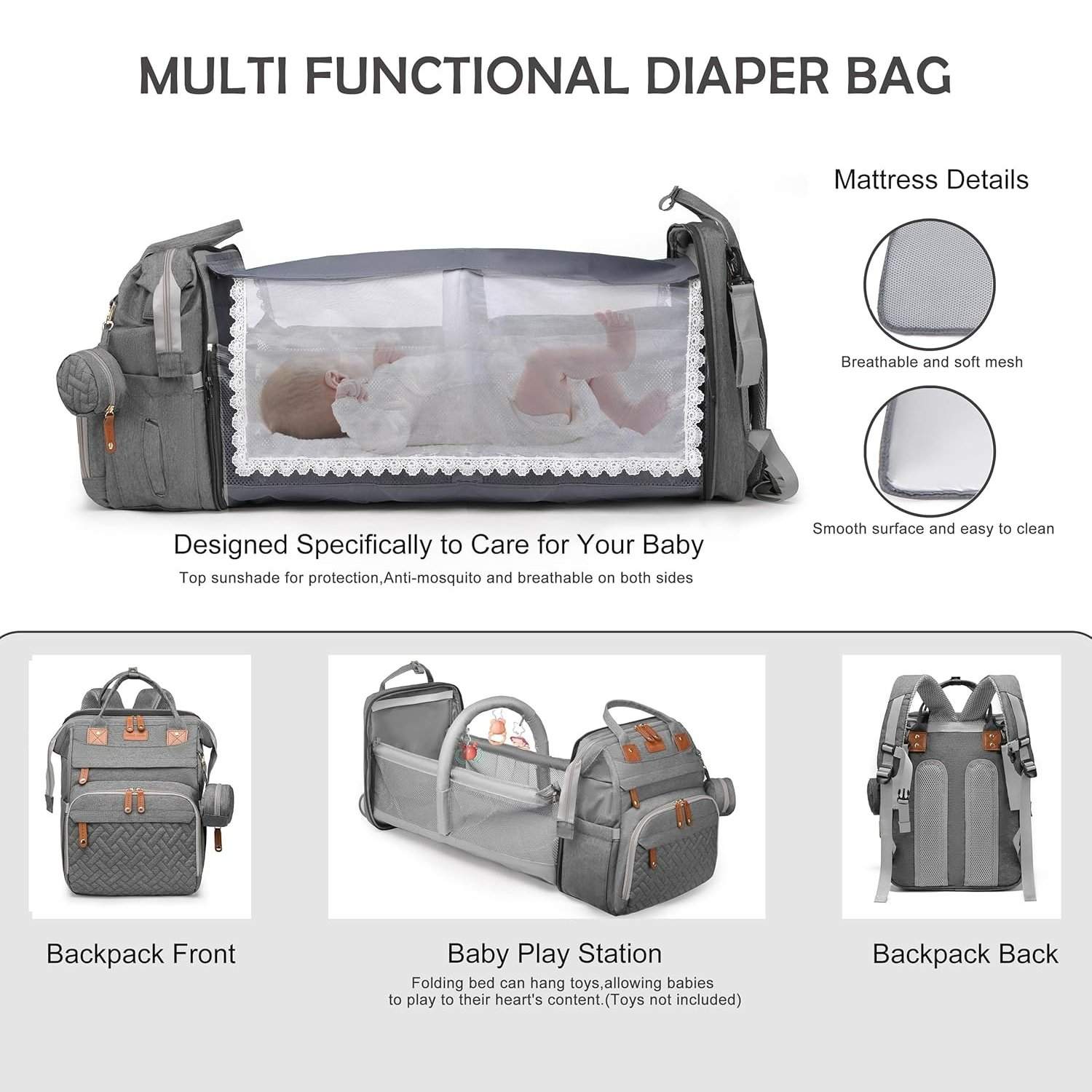 3-in-1 Diaper Bag Backpack with Foldable Baby Bed & USB Charging Port – Waterproof Travel Bag with Changing Station