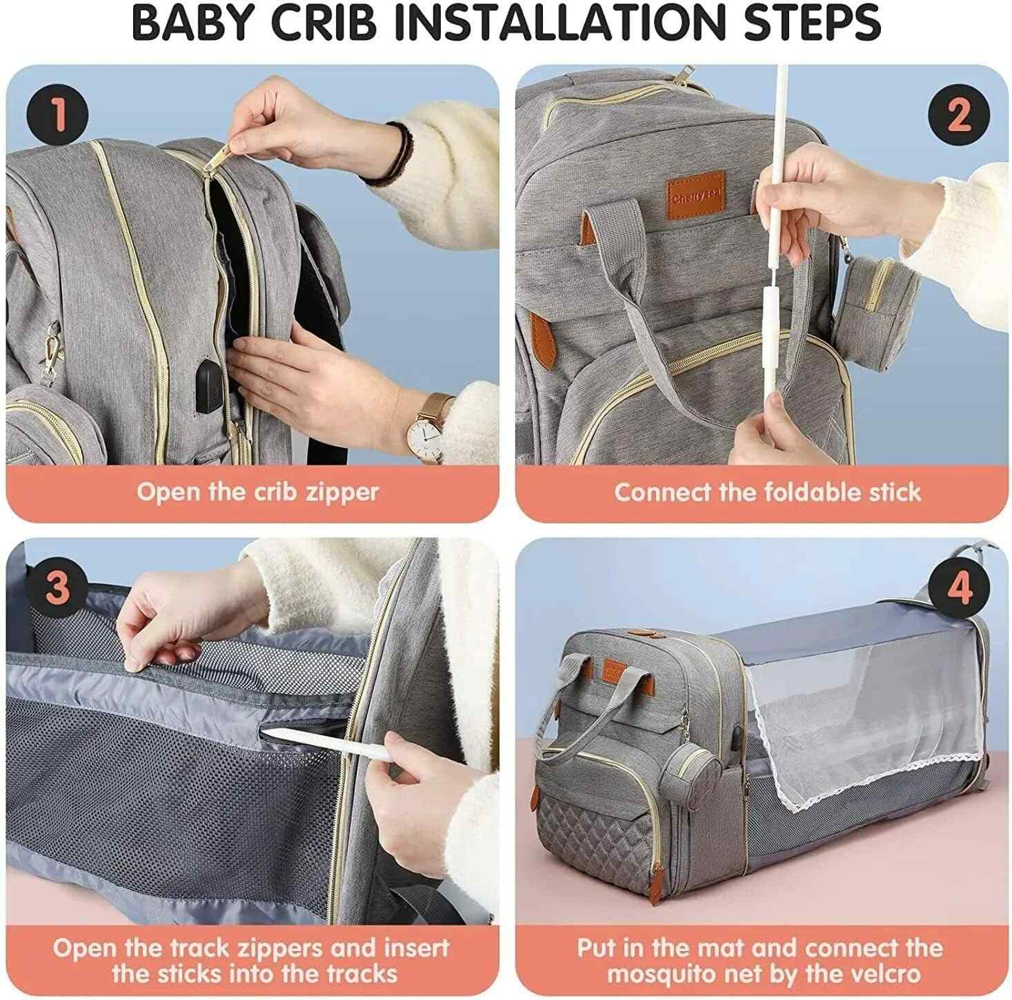 3-in-1 Diaper Bag Backpack with Foldable Baby Bed & USB Charging Port – Waterproof Travel Bag with Changing Station