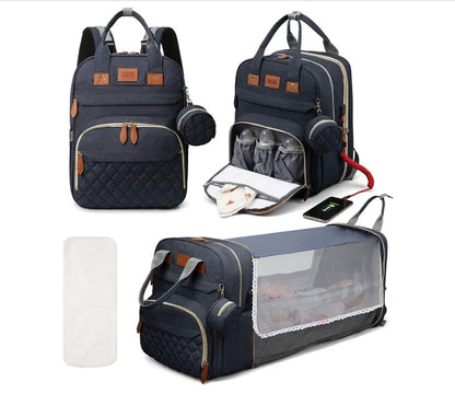3-in-1 Diaper Bag Backpack with Foldable Baby Bed & USB Charging Port – Waterproof Travel Bag with Changing Station
