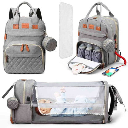 3-in-1 Diaper Bag Backpack with Foldable Baby Bed & USB Charging Port – Waterproof Travel Bag with Changing Station