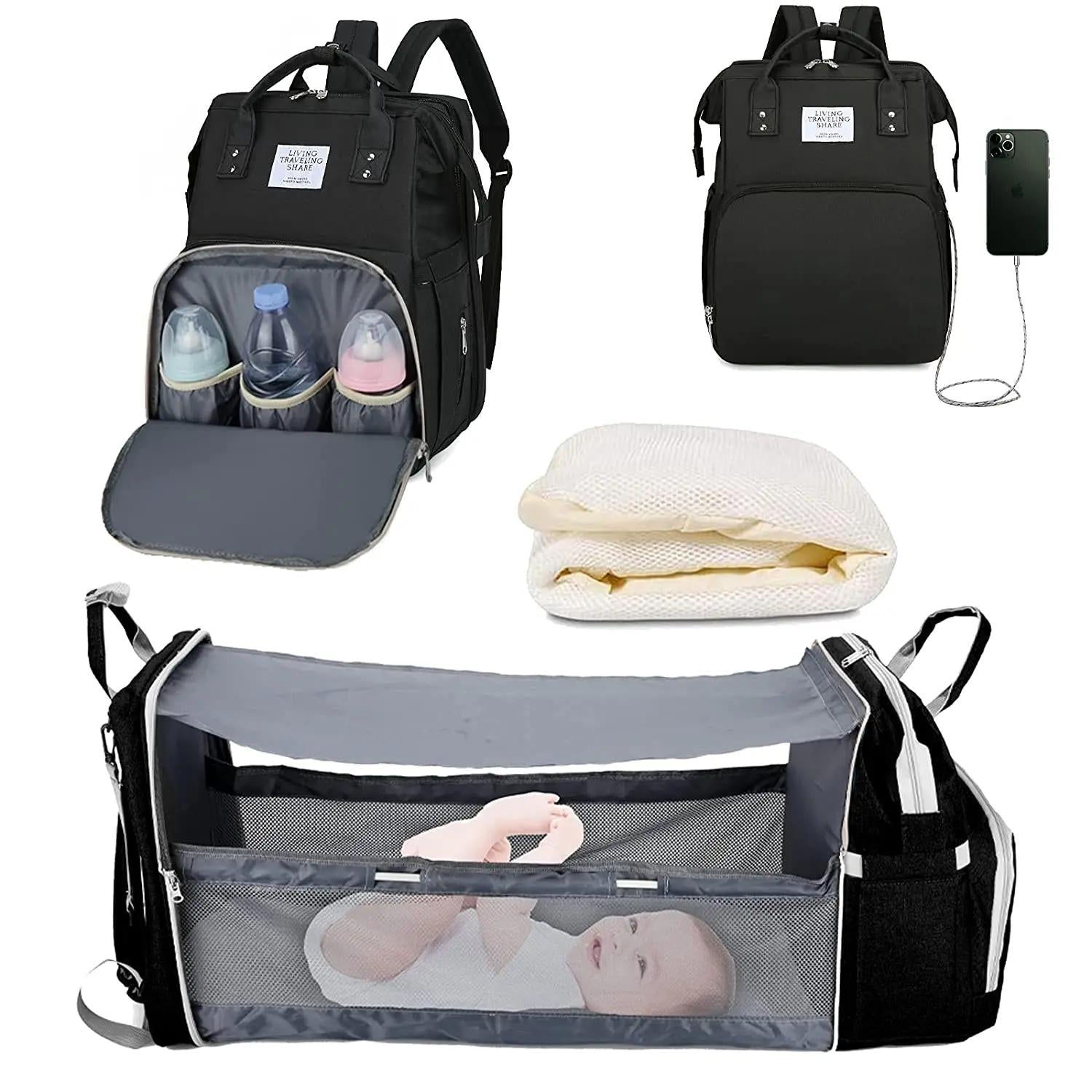 3-in-1 Diaper Bag Backpack with Foldable Baby Bed & USB Charging Port – Waterproof Travel Bag with Changing Station
