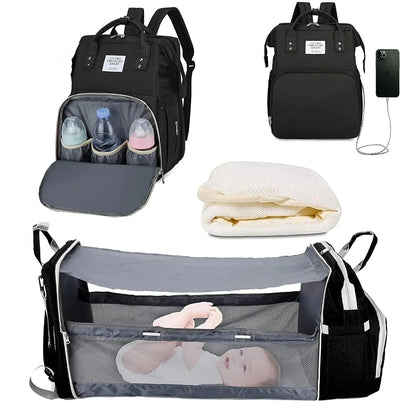 3-in-1 Diaper Bag Backpack with Foldable Baby Bed & USB Charging Port – Waterproof Travel Bag with Changing Station