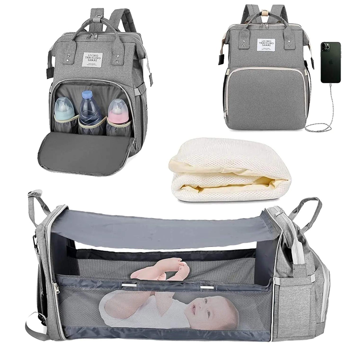 3-in-1 Diaper Bag Backpack with Foldable Baby Bed & USB Charging Port – Waterproof Travel Bag with Changing Station