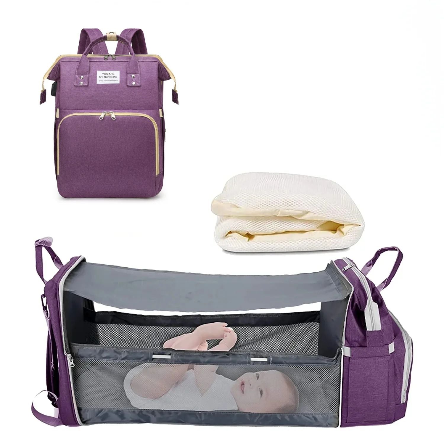 3-in-1 Diaper Bag Backpack with Foldable Baby Bed & USB Charging Port – Waterproof Travel Bag with Changing Station