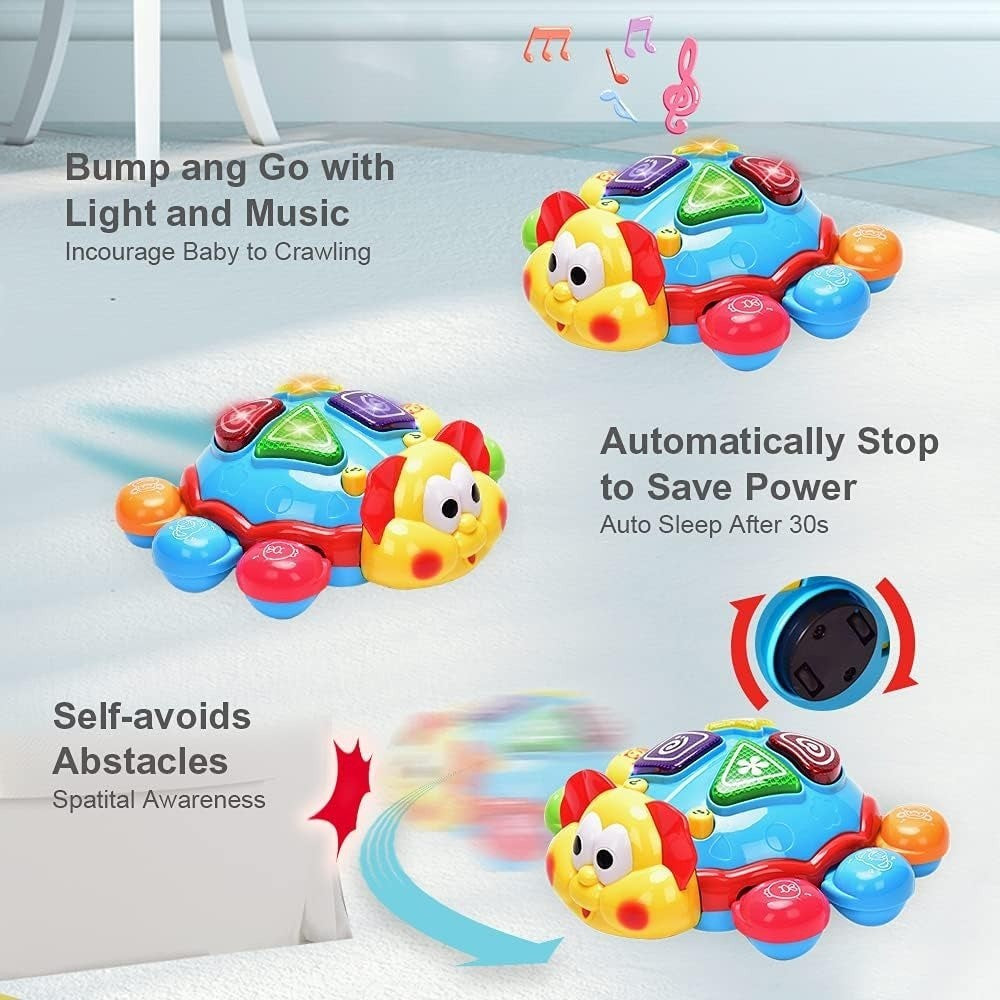 360° Musical Crawling Turtle Toy with Light Up, Bilingual Learning, Animal Sounds, Safe for Months 6+